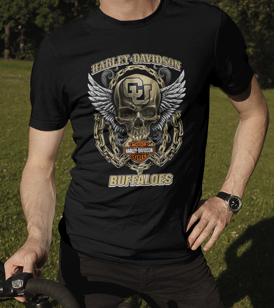 Harley Davidson Motor Cycles Colorado Buffaloes Skull Logo Chains Wings T-Shirt