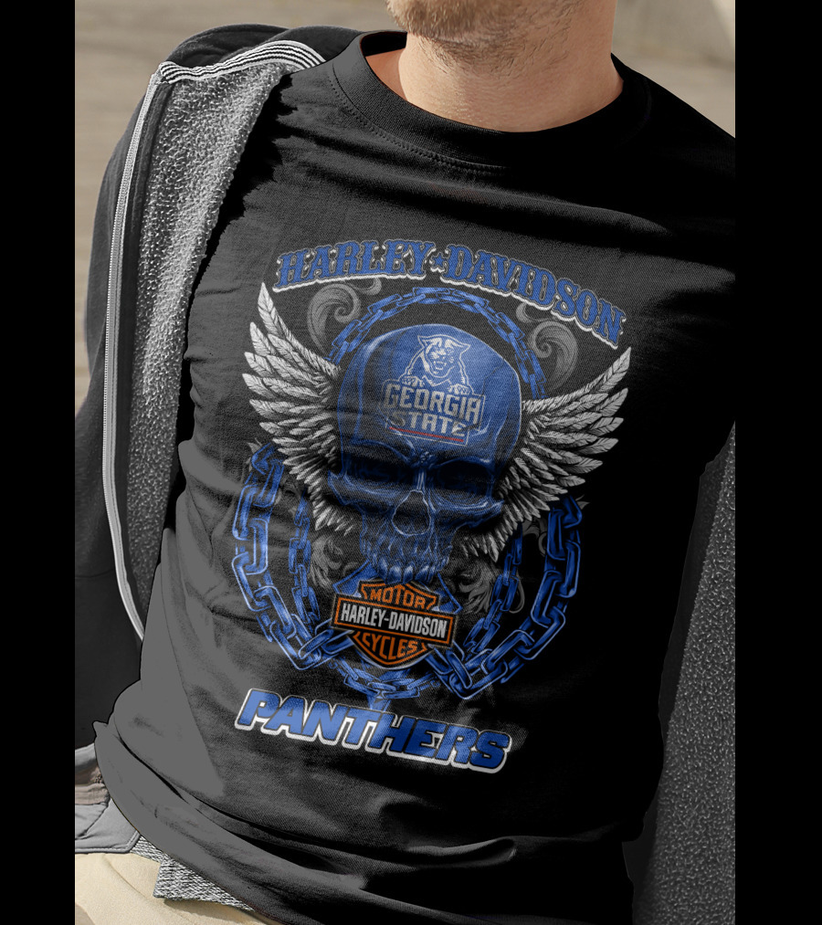 Harley Davidson Georgia State Panthers Skull Wings Chain Motorcycle Cycles T-Shirt