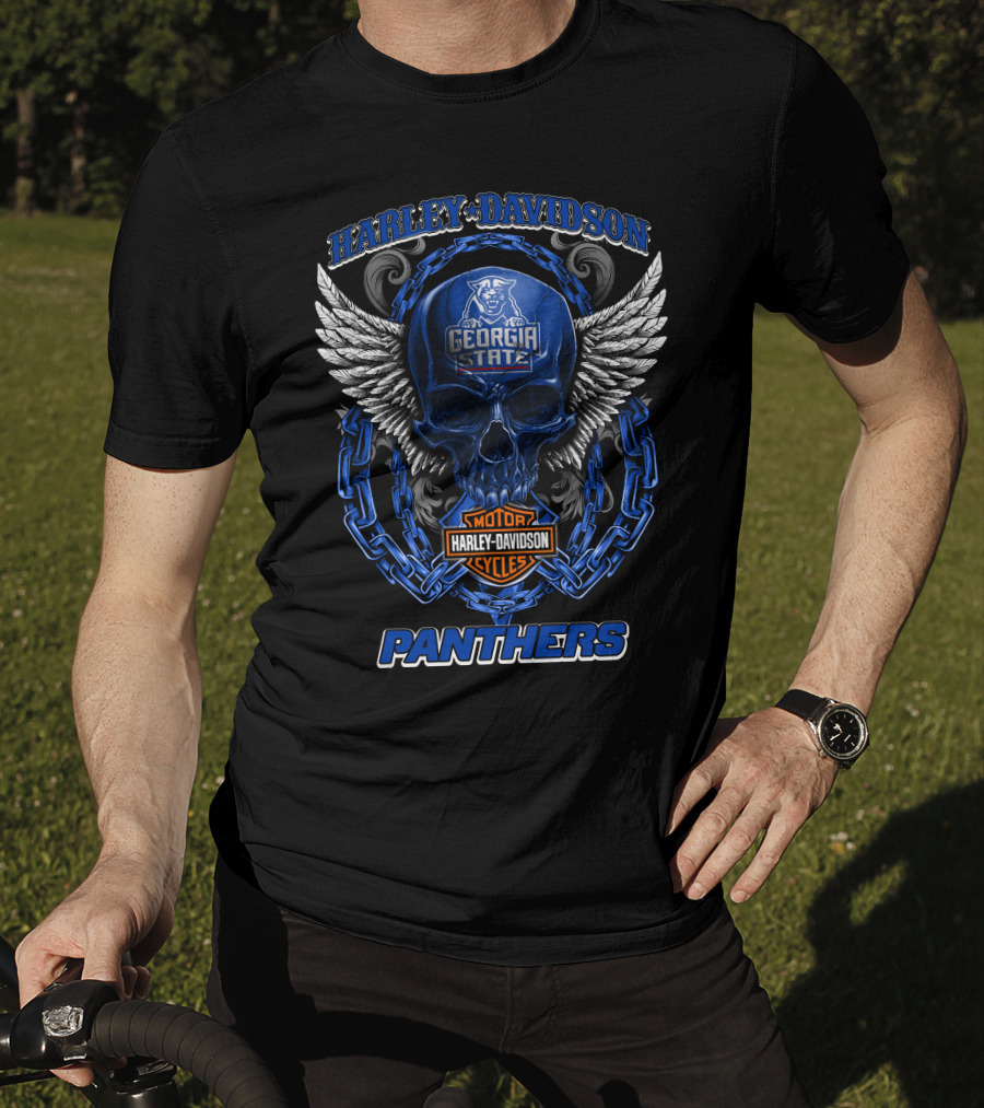 Harley Davidson Georgia State Panthers Skull Wings Chain Motorcycle Cycles T-Shirt