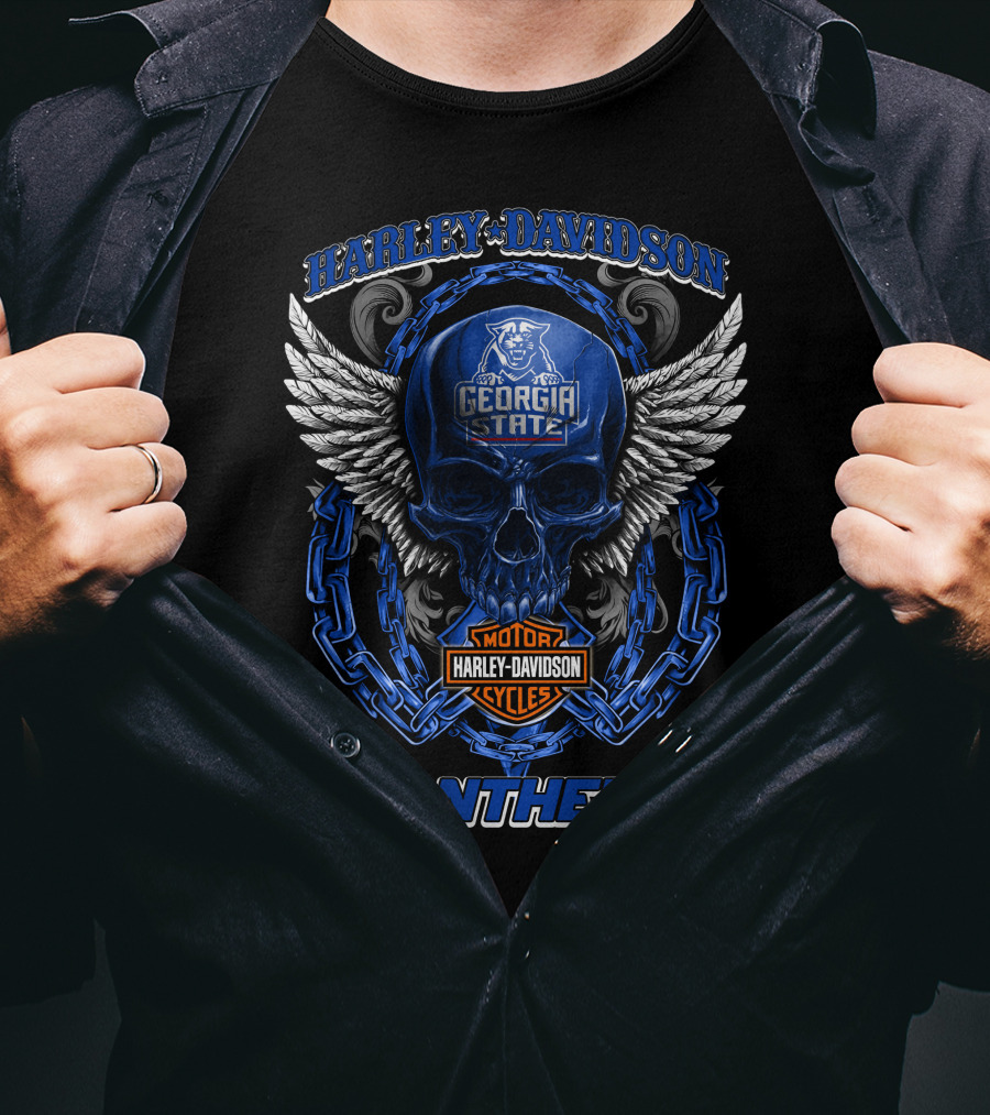 Harley Davidson Georgia State Panthers Skull Wings Chain Motorcycle Cycles T-Shirt