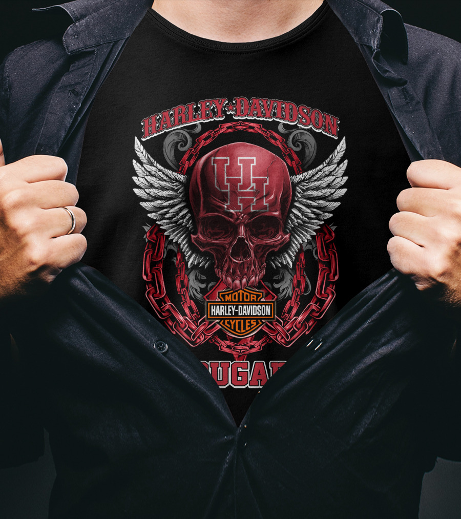 Harley Davidson Houston Cougars Skull With Chains And Wings T-Shirt