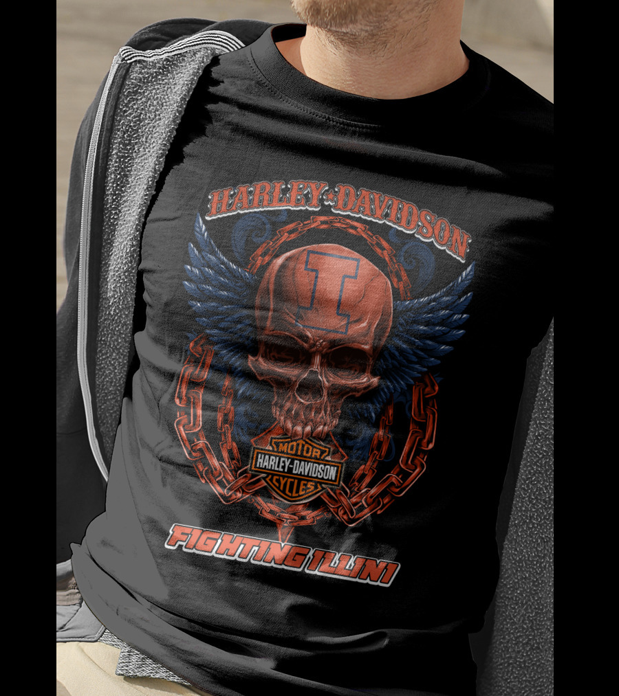 Harley Davidson Illinois Fighting Illini Skull Winged Chain T-Shirt