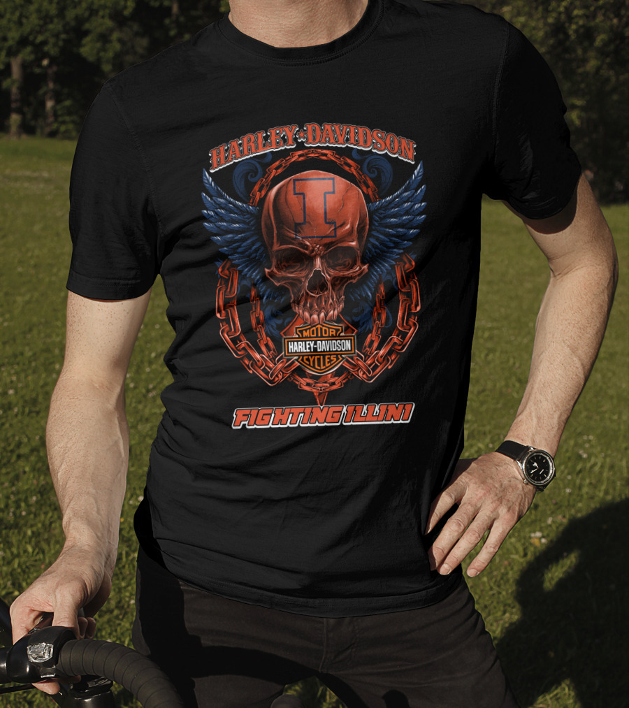 Harley Davidson Illinois Fighting Illini Skull Winged Chain T-Shirt