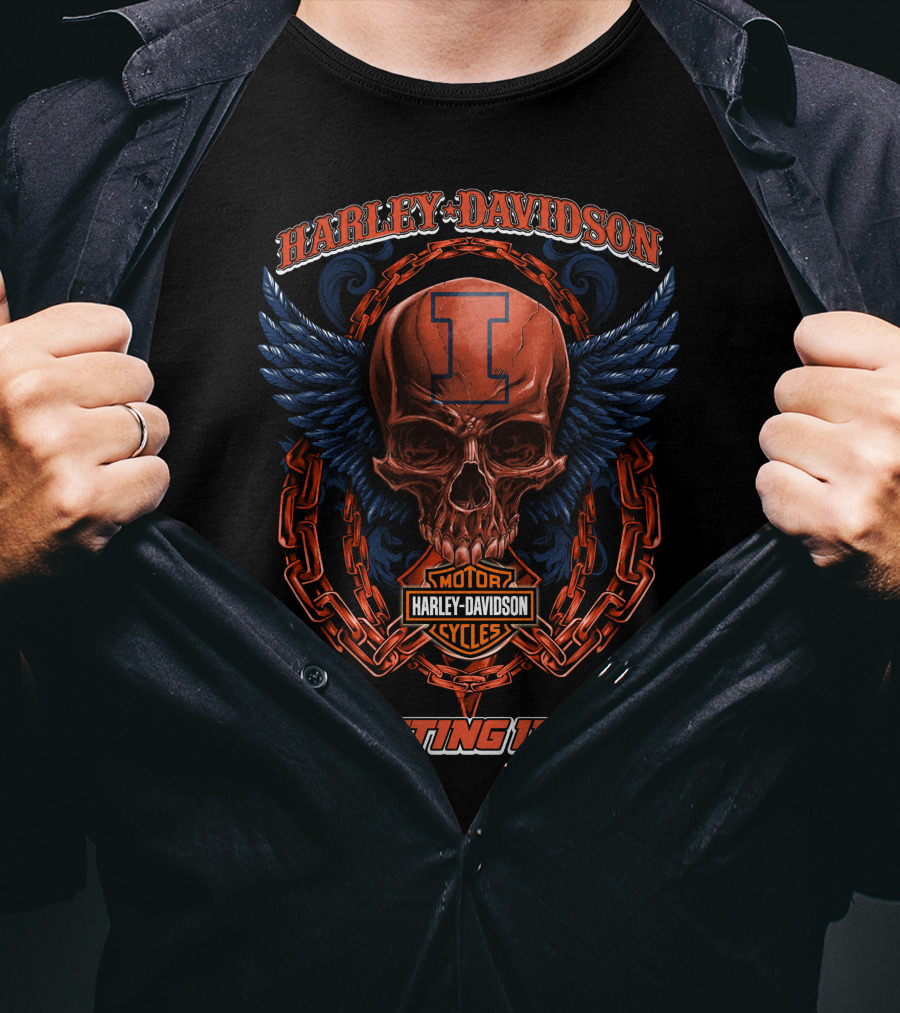 Harley Davidson Illinois Fighting Illini Skull Winged Chain T-Shirt