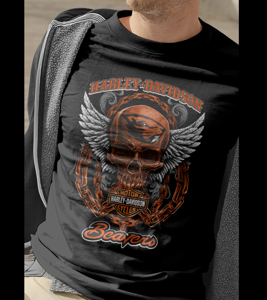 Harley Davidson Oregon State Beavers Skull Motor Cycles T-Shirt
