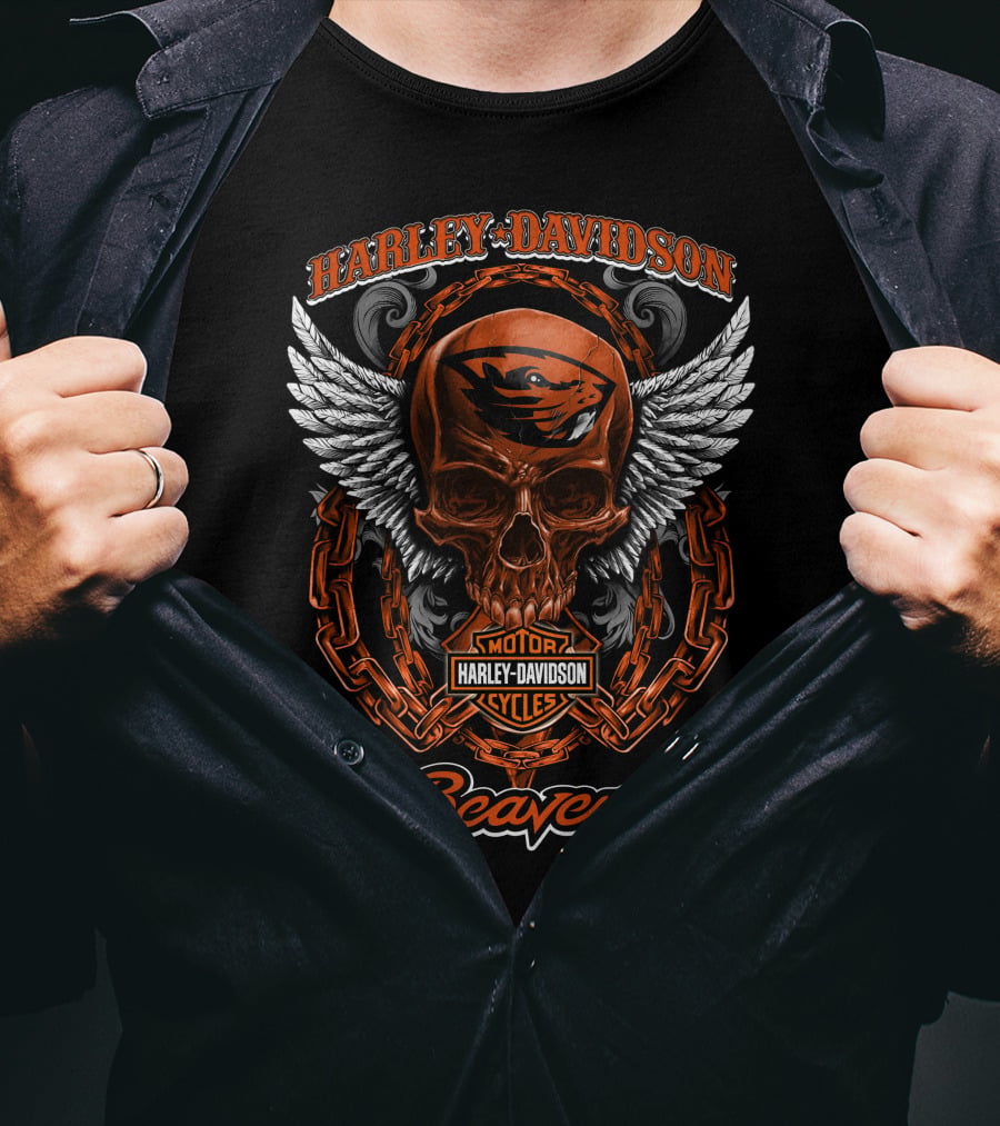 Harley Davidson Oregon State Beavers Skull Motor Cycles T-Shirt