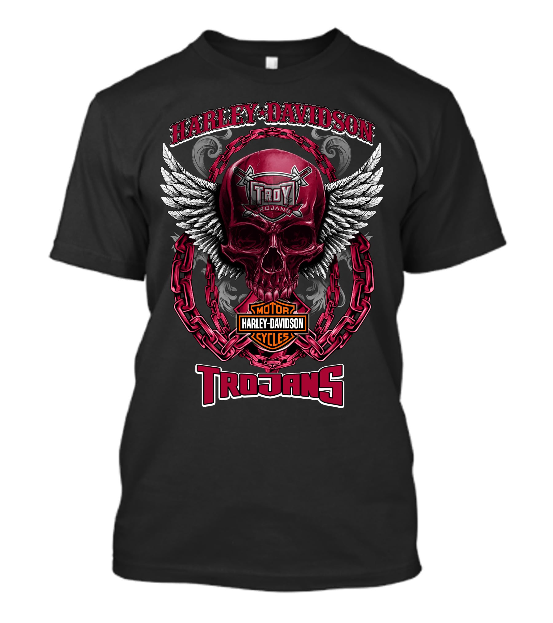 Harley Davidson Troy Trojans Motorcycles Skull With Wings And Chains T-Shirt