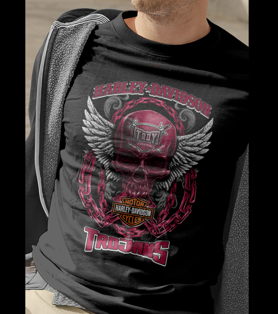 Harley Davidson Troy Trojans Motorcycles Skull With Wings And Chains T-Shirt