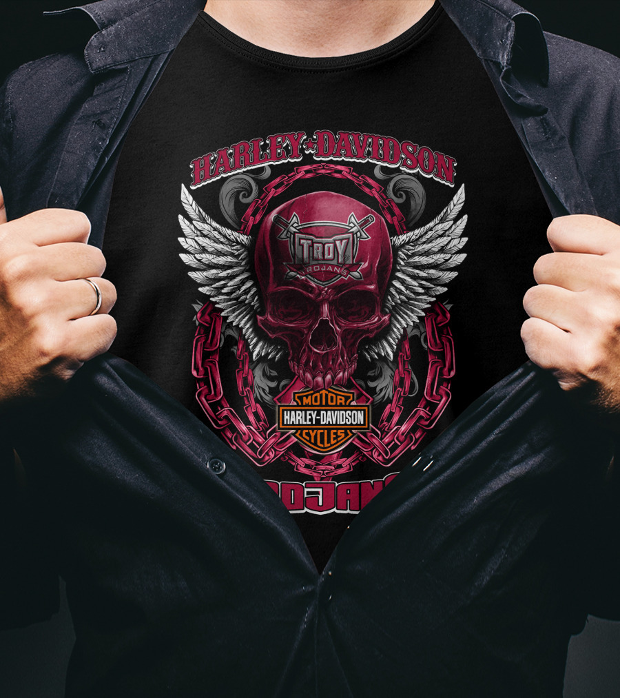 Harley Davidson Troy Trojans Motorcycles Skull With Wings And Chains T-Shirt