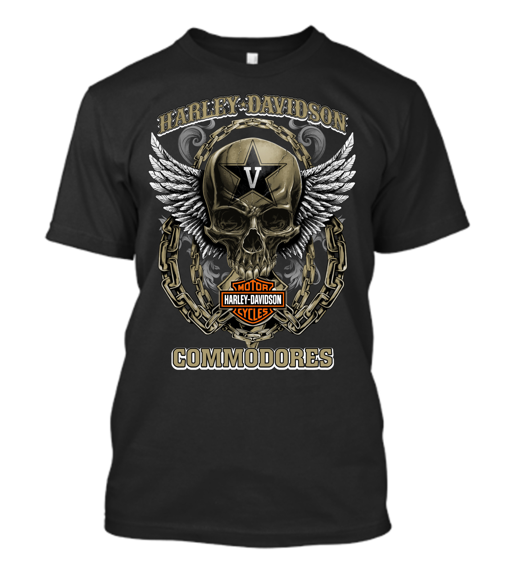 Harley Davidson Motorcycles Commodores Vanderbilt V Skull Wings Chains T-Shirt