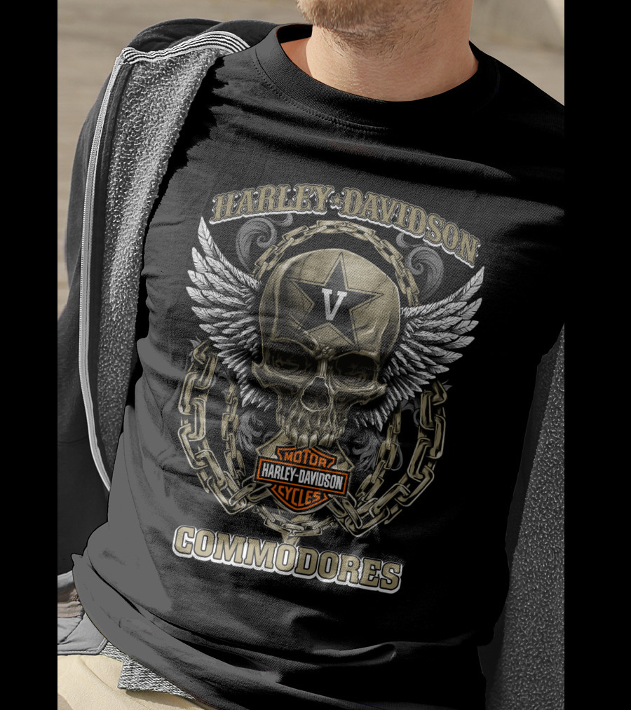 Harley Davidson Motorcycles Commodores Vanderbilt V Skull Wings Chains T-Shirt