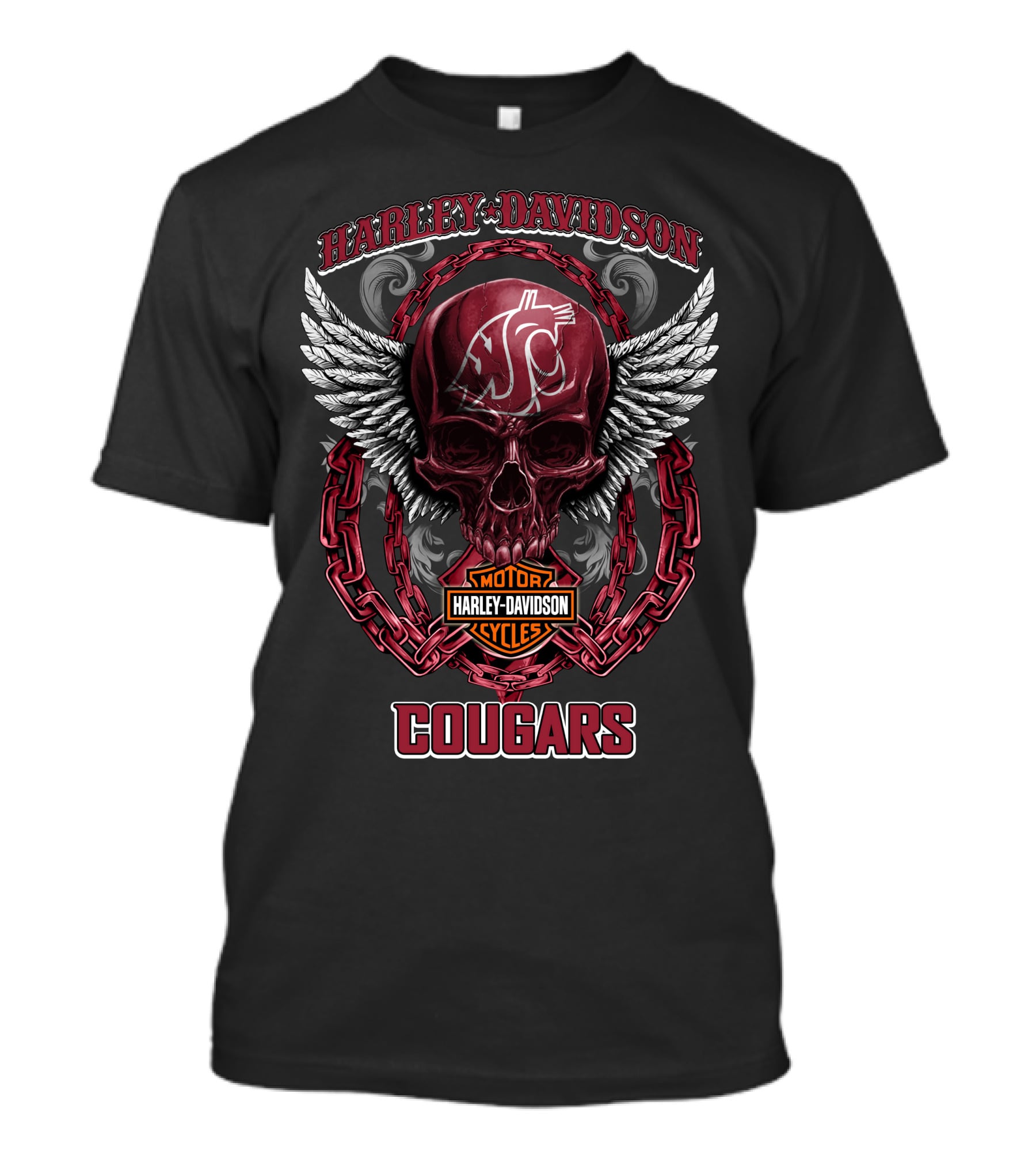 Harley Davidson Washington State Cougars Football Skull Wings Chains T-Shirt