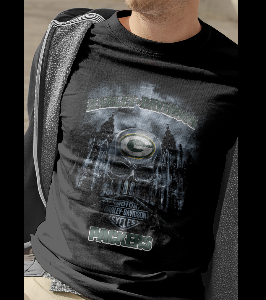 Harley Davidson Green Bay Packers Skull Art T-Shirt