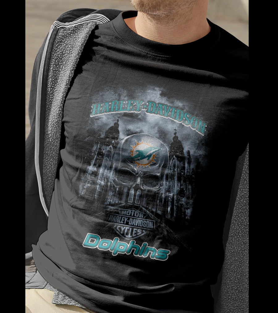 Harley Davidson Miami Dolphins Nfl Skull Motor Cycles T-Shirt