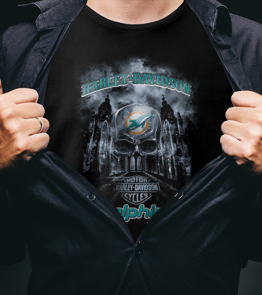 Harley Davidson Miami Dolphins Nfl Skull Motor Cycles T-Shirt
