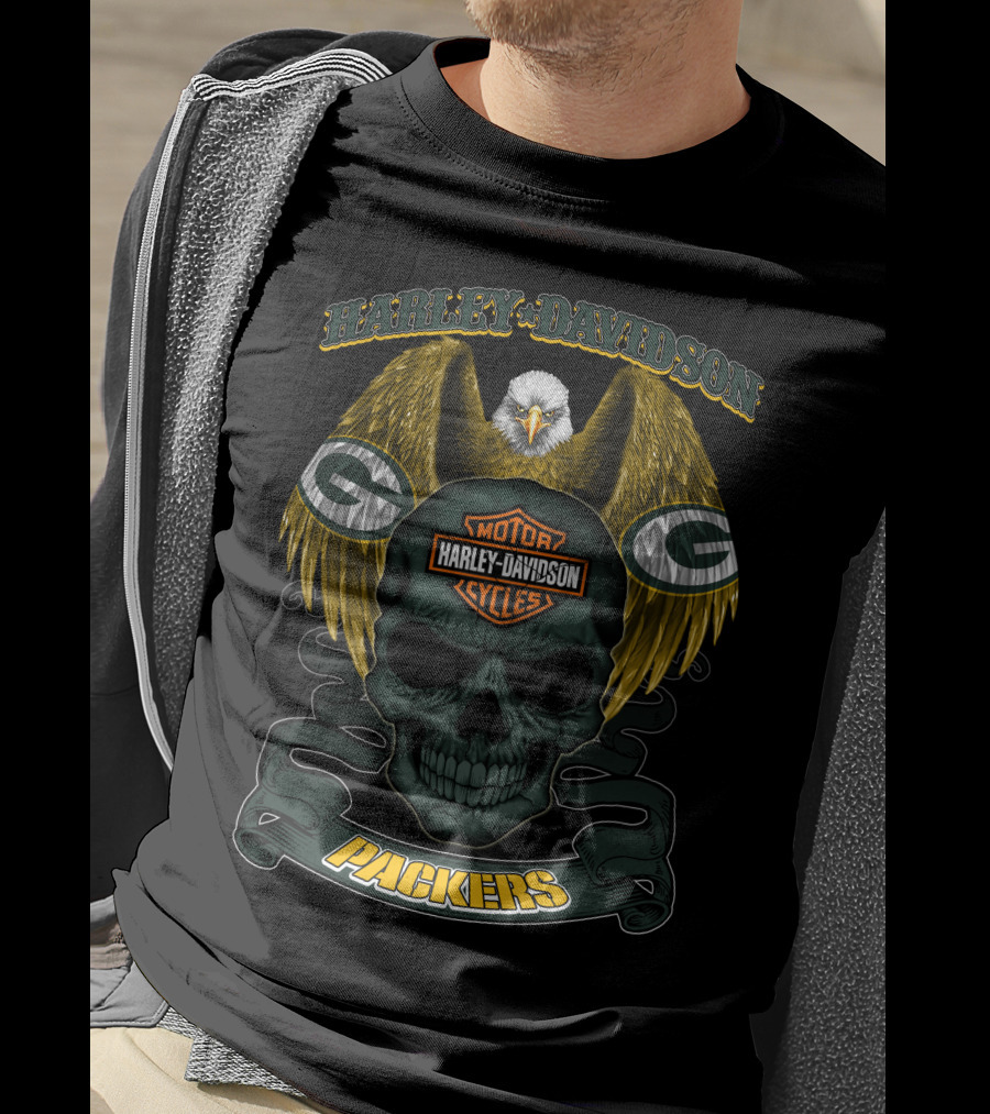 Harley Davidson Green Bay Packers Skull And Eagle T-Shirt
