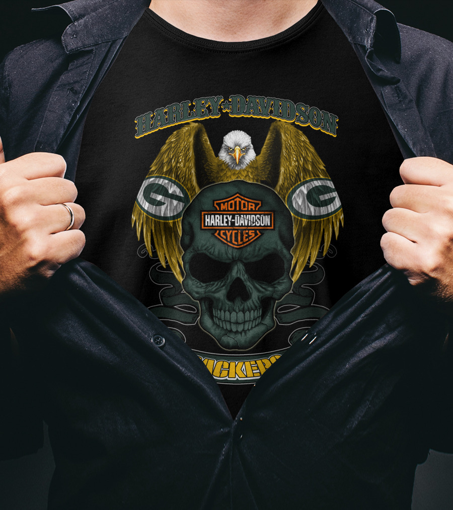 Harley Davidson Green Bay Packers Skull And Eagle T-Shirt