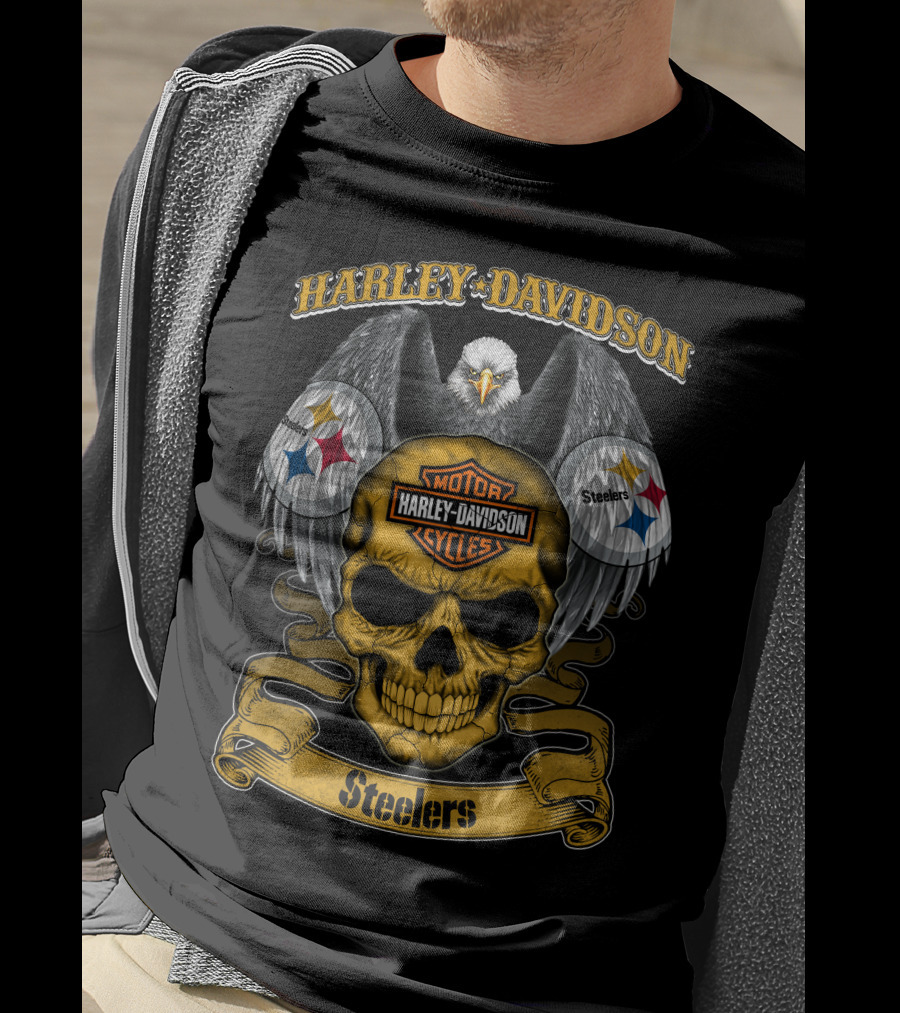 Harley Davidson Motor Cycles Pittsburgh Steelers Eagle Skull T-Shirt