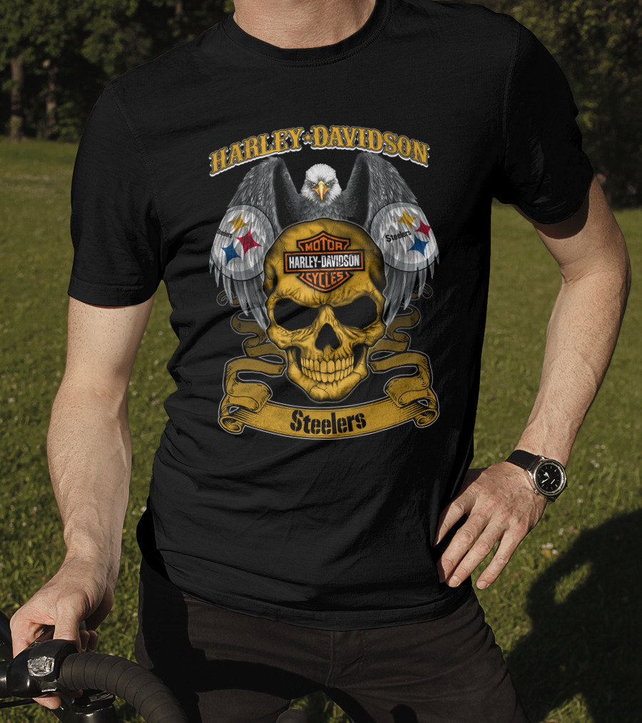 Harley Davidson Motor Cycles Pittsburgh Steelers Eagle Skull T-Shirt