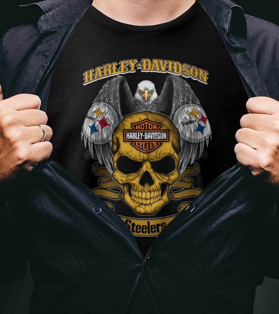 Harley Davidson Motor Cycles Pittsburgh Steelers Eagle Skull T-Shirt
