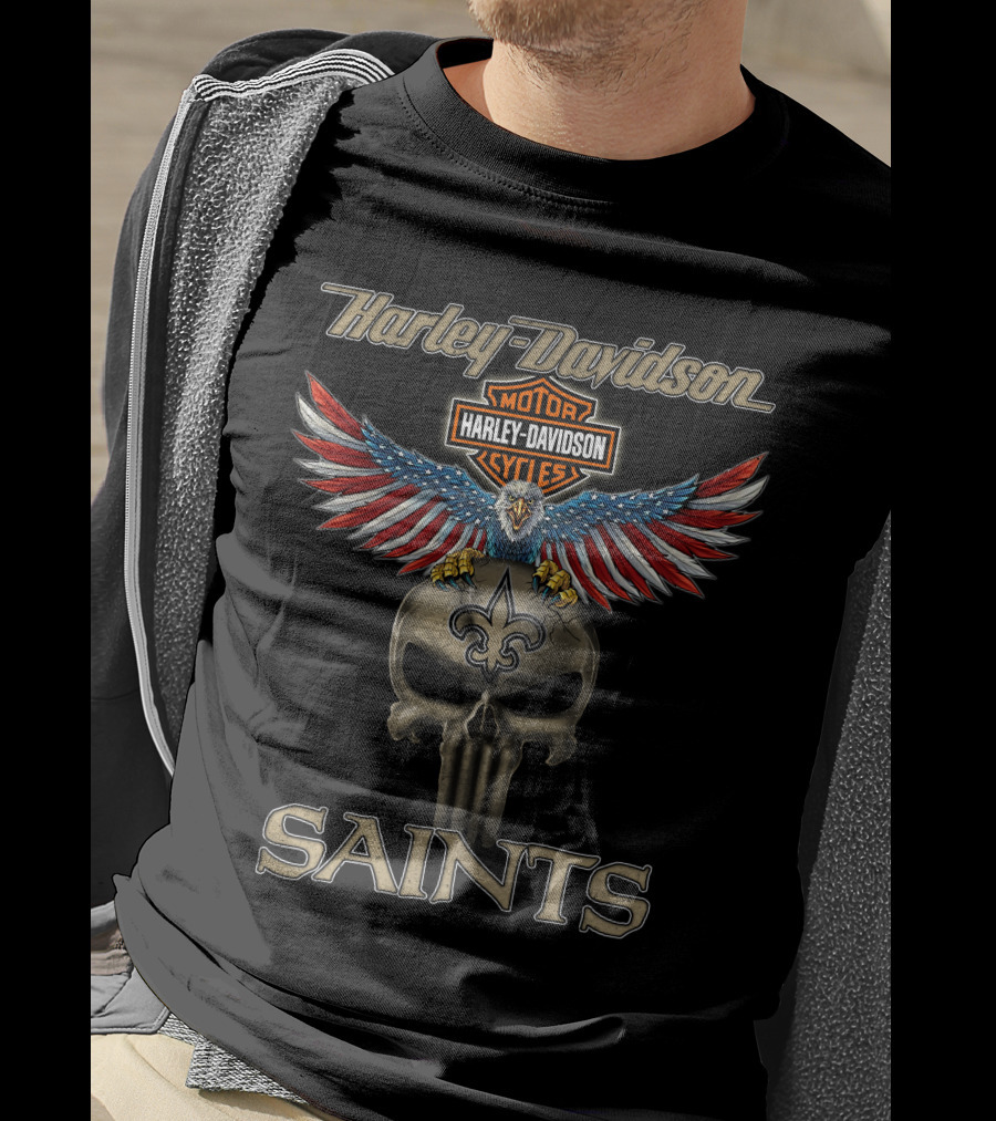 Harley Davidson Motor Cycles Eagle Skull Fleur-De-Lis Saints T-Shirt