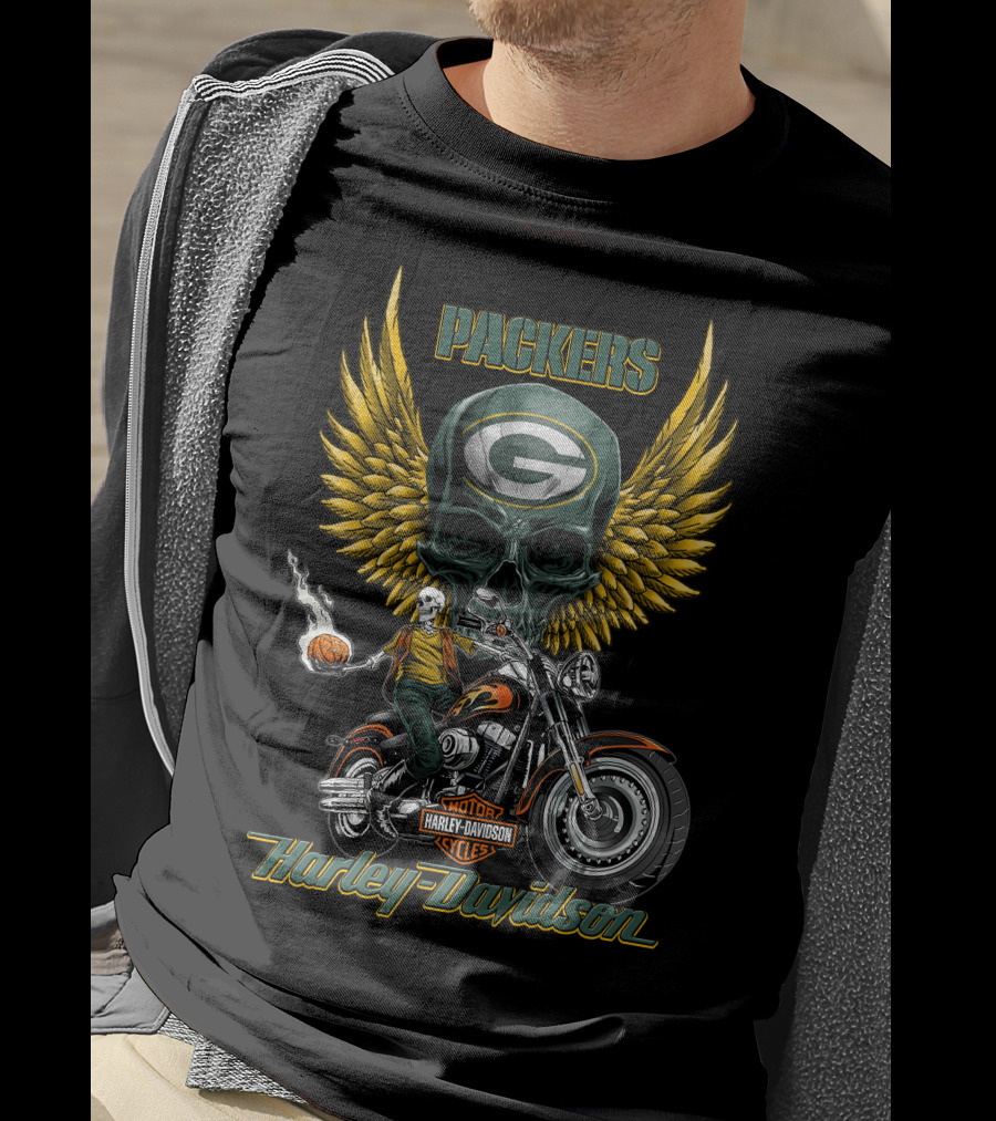 Packers Harley Davidson Motorcycles Green Bay Nfl Skull Winged T-Shirt
