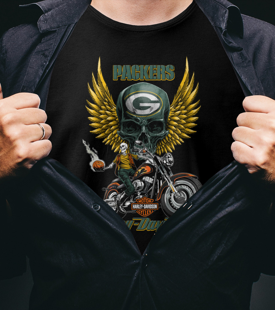 Packers Harley Davidson Motorcycles Green Bay Nfl Skull Winged T-Shirt