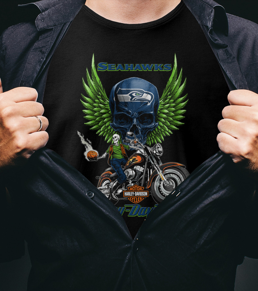 Seahawks Harley Davidson Motorcycles Green Wings Skull Rider Nfl Seattle T-Shirt