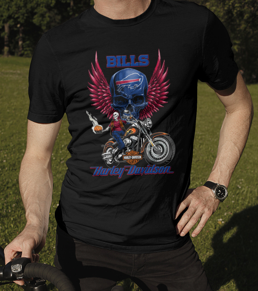 Bills Harley Davidson Motorcycle Skull Wings Nfl Buffalo Riders T-Shirt