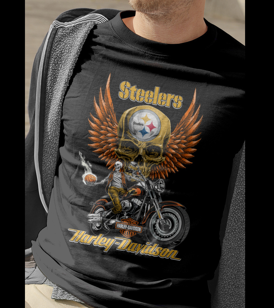 Steelers Harley Davidson Motor Cycles Skull Wings Nfl Pittsburgh T-Shirt