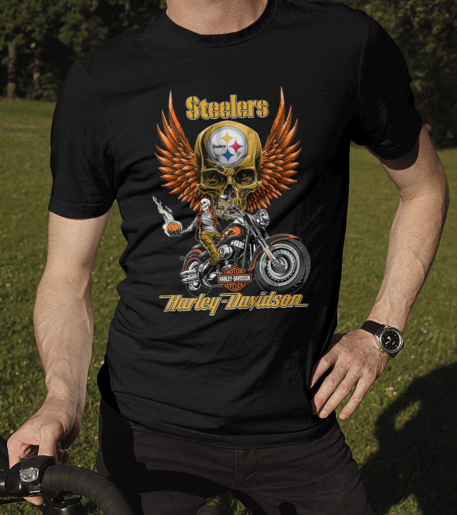 Steelers Harley Davidson Motor Cycles Skull Wings Nfl Pittsburgh T-Shirt