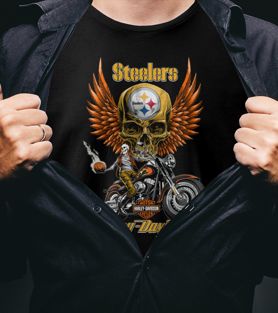 Steelers Harley Davidson Motor Cycles Skull Wings Nfl Pittsburgh T-Shirt