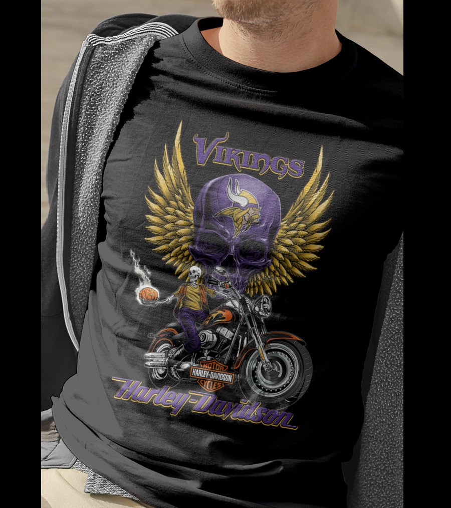 Vikings Harley Davidson Motorcycle Skull And Wings Nfl Minnesota T-Shirt