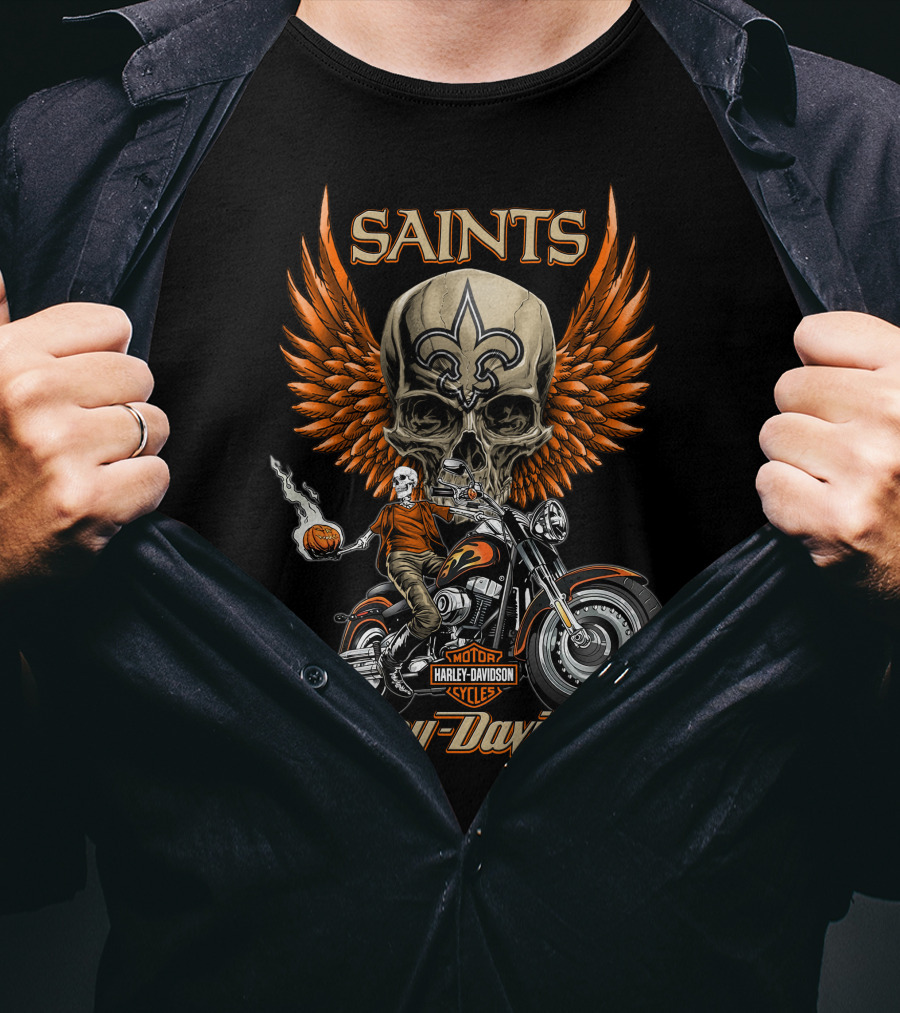 Saints Harley Davidson Motorcycles Nfl New Orleans Skull Wings T-Shirt