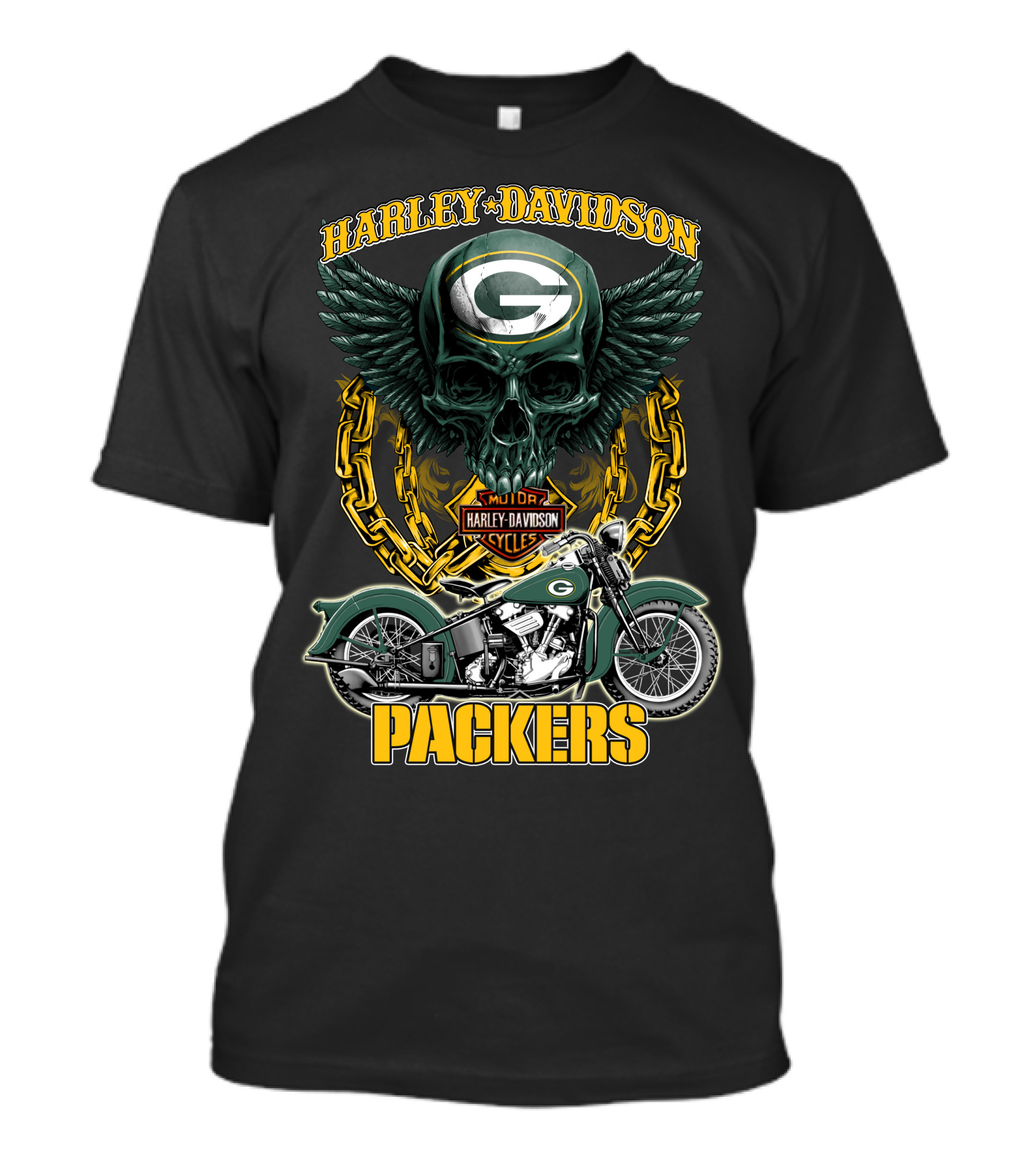 Harley Davidson Green Bay Packers Motorcycle Skull Nfl Packers T-Shirt