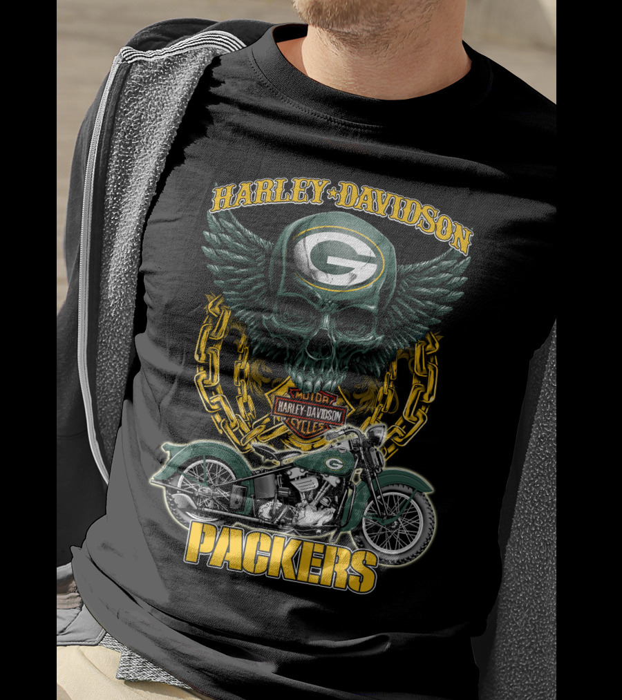Harley Davidson Green Bay Packers Motorcycle Skull Nfl Packers T-Shirt