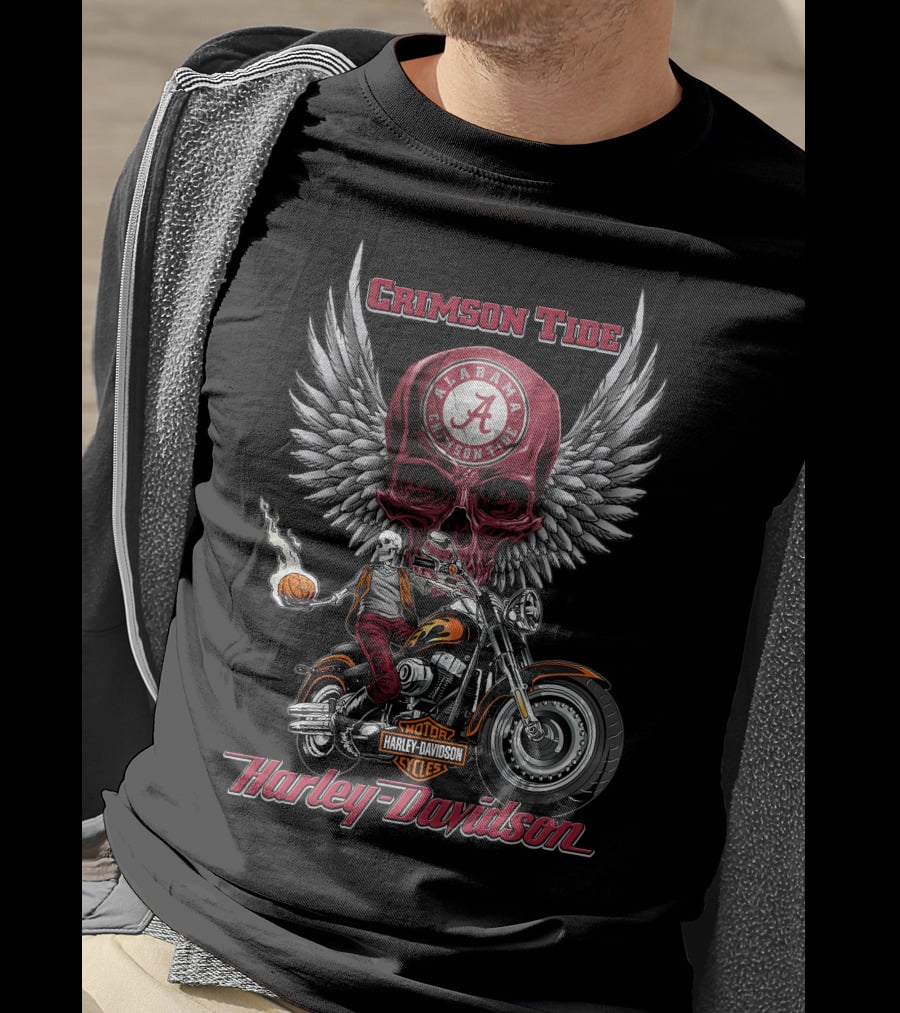 Crimson Tide Alabama Harley Davidson Motorcycles Ncaa Skull Wings T-Shirt