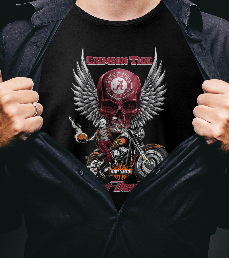 Crimson Tide Alabama Harley Davidson Motorcycles Ncaa Skull Wings T-Shirt