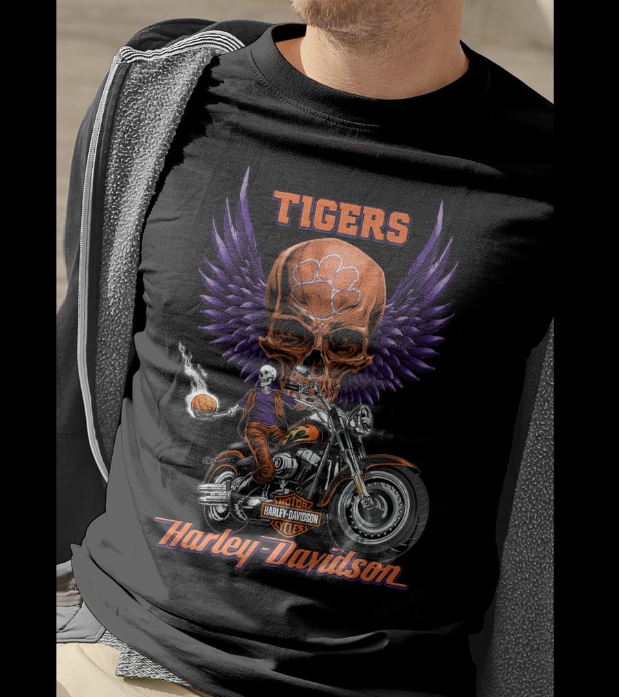 Tigers Harley Davidson Purple Wings Skull Motorcycle Basketball T-Shirt