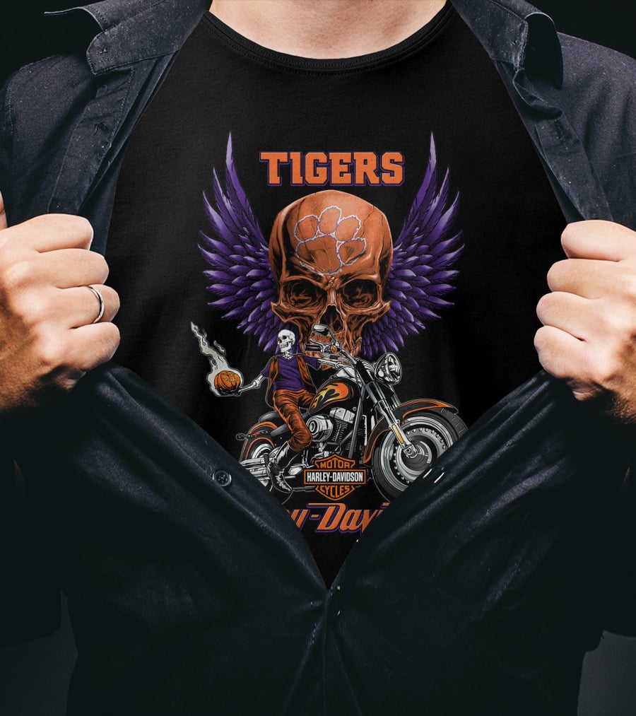 Tigers Harley Davidson Purple Wings Skull Motorcycle Basketball T-Shirt