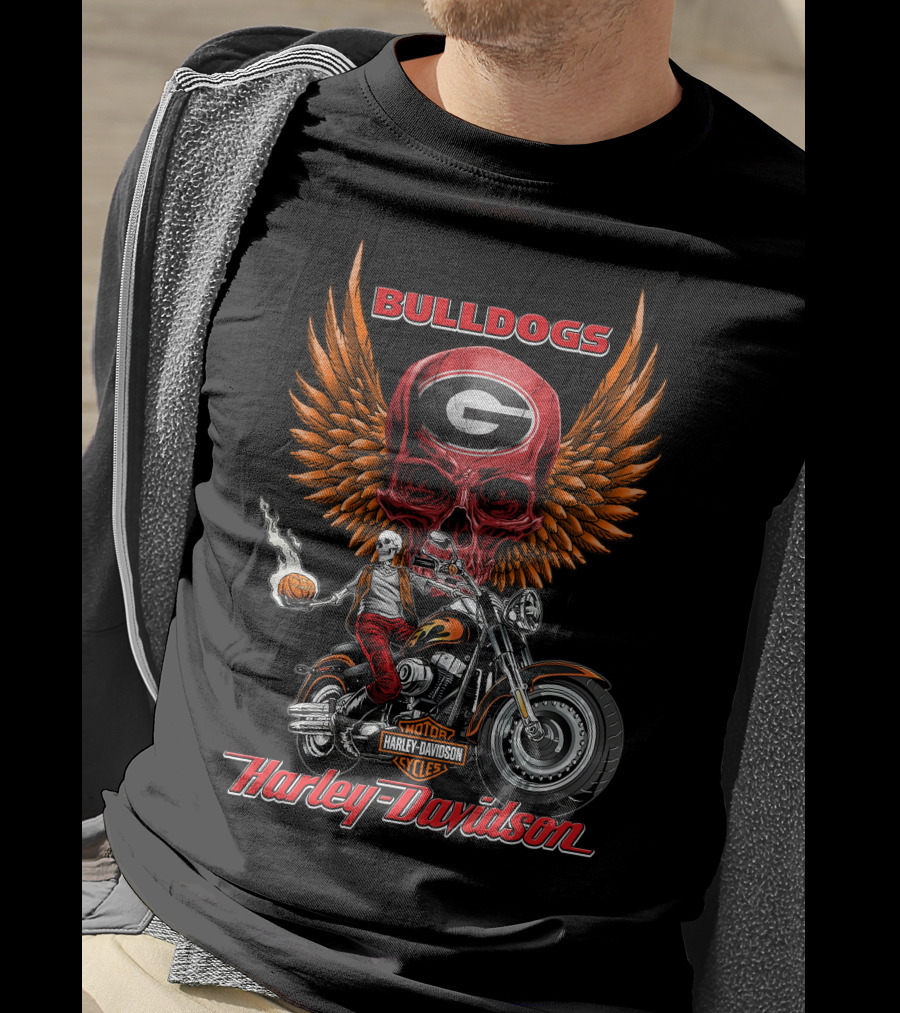 Bulldogs Harley Davidson Georgia Motorcycle Skull Wings T-Shirt