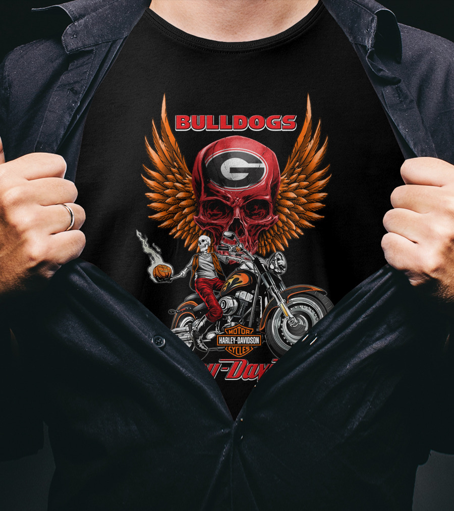 Bulldogs Harley Davidson Georgia Motorcycle Skull Wings T-Shirt