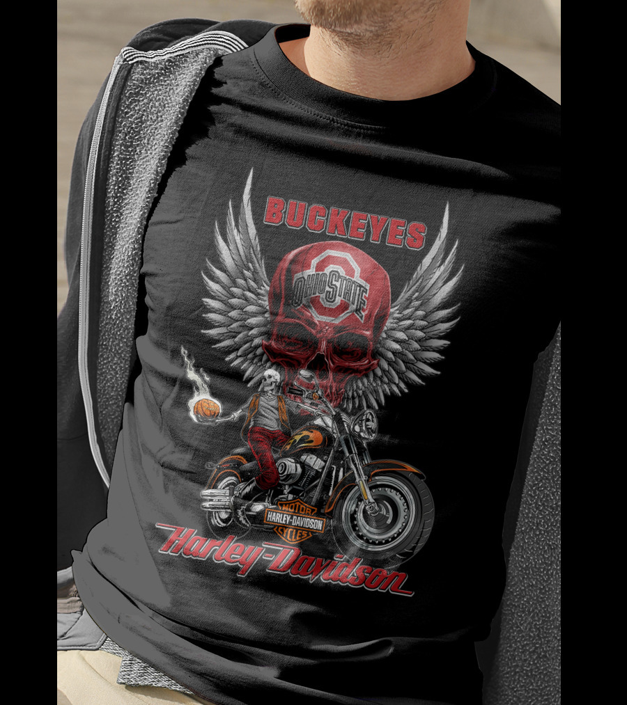 Buckeyes Ohio State Skull Harley Davidson Motor Cycles Wings Basketball T-Shirt