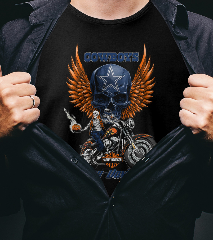Cowboys Harley Davidson Motor Cycles Skull Star Wings T-Shirt