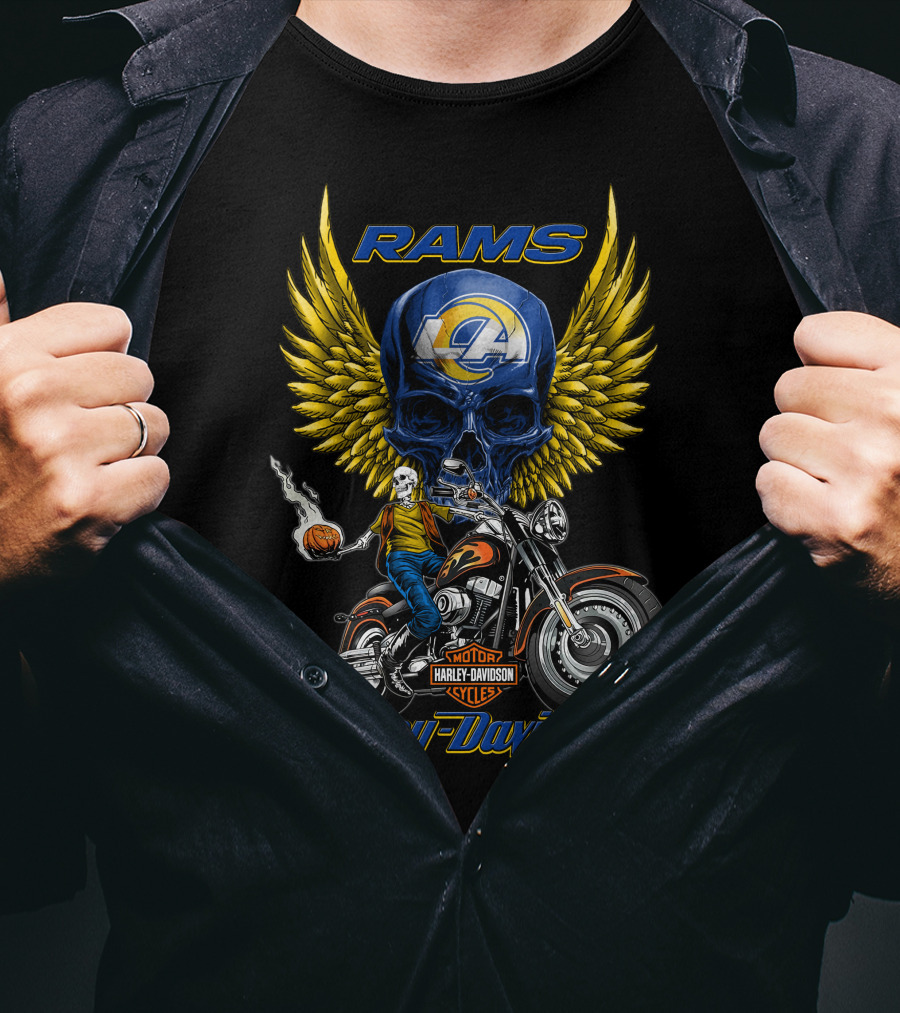 Harley Davidson Rams Skull With Los Angeles Nfl Motorcycle And Flaming Ball T-Shirt