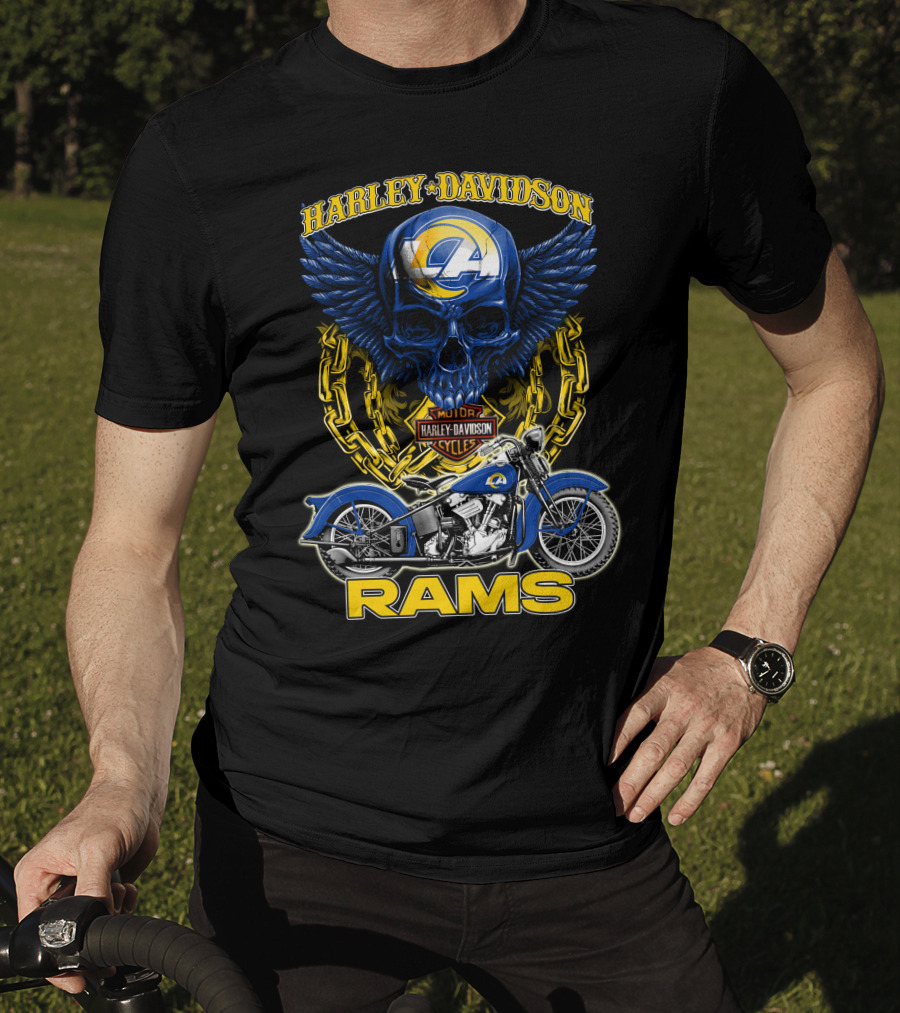 Harley Davidson Los Angeles Rams Nfl Motorcycle Skull T-Shirt