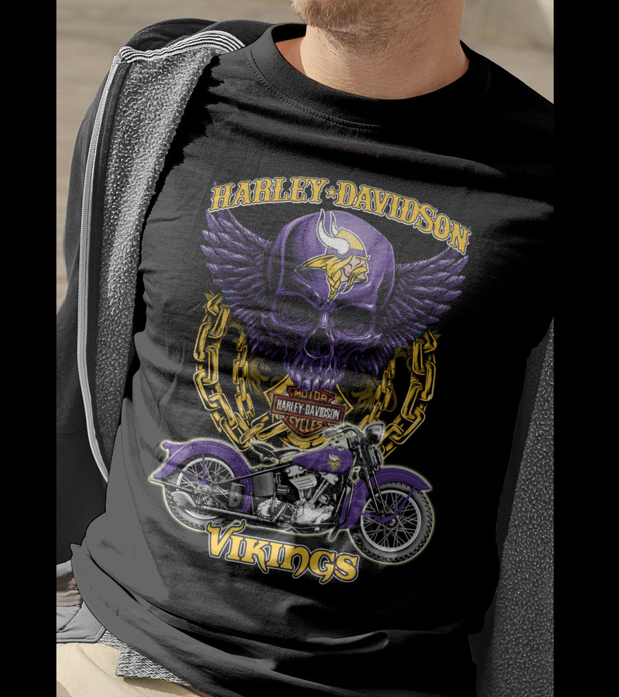 Harley Davidson Minnesota Vikings Nfl Motorcycle Cycles Skull T-Shirt