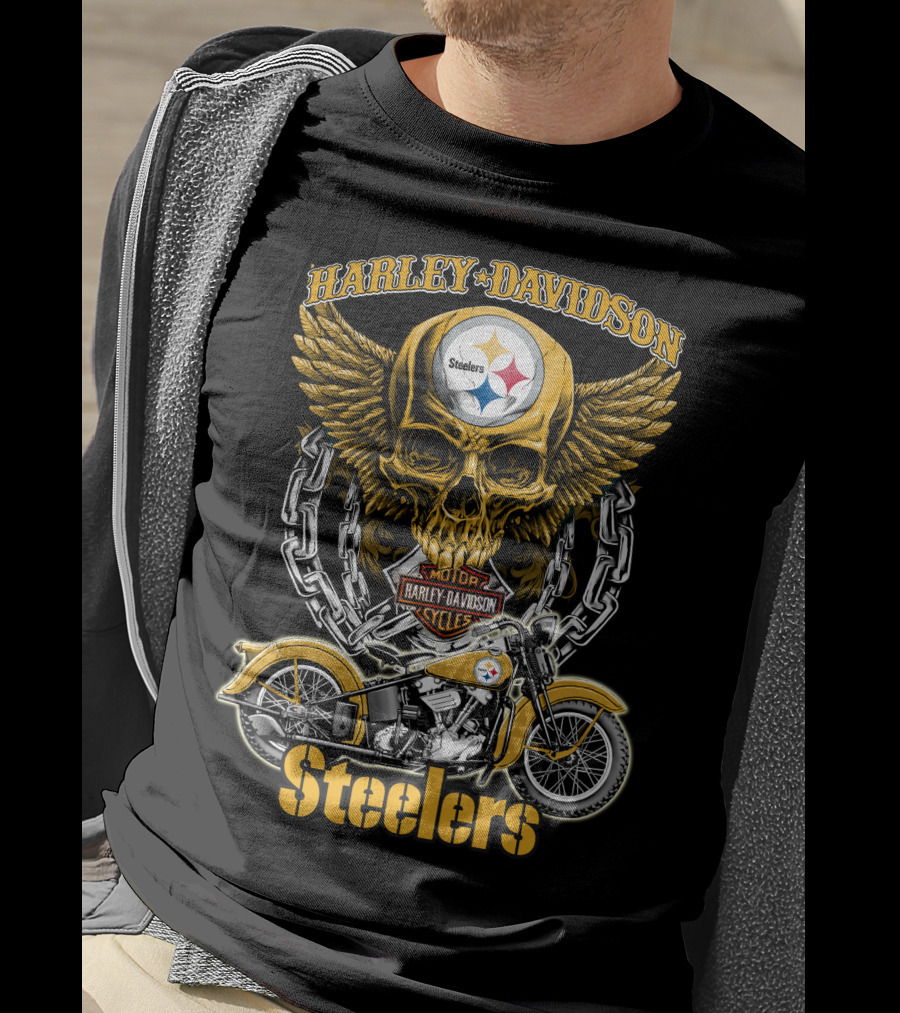 Pittsburgh Steelers Harley Davidson Winged Skull Motorcycle Nfl Hd18 T-Shirt