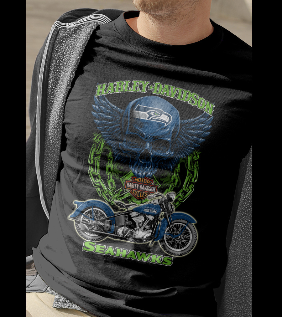 Harley Davidson Motorcycles Skull With Seattle Seahawks Logo And Bike Nfl Hd18 T-Shirt