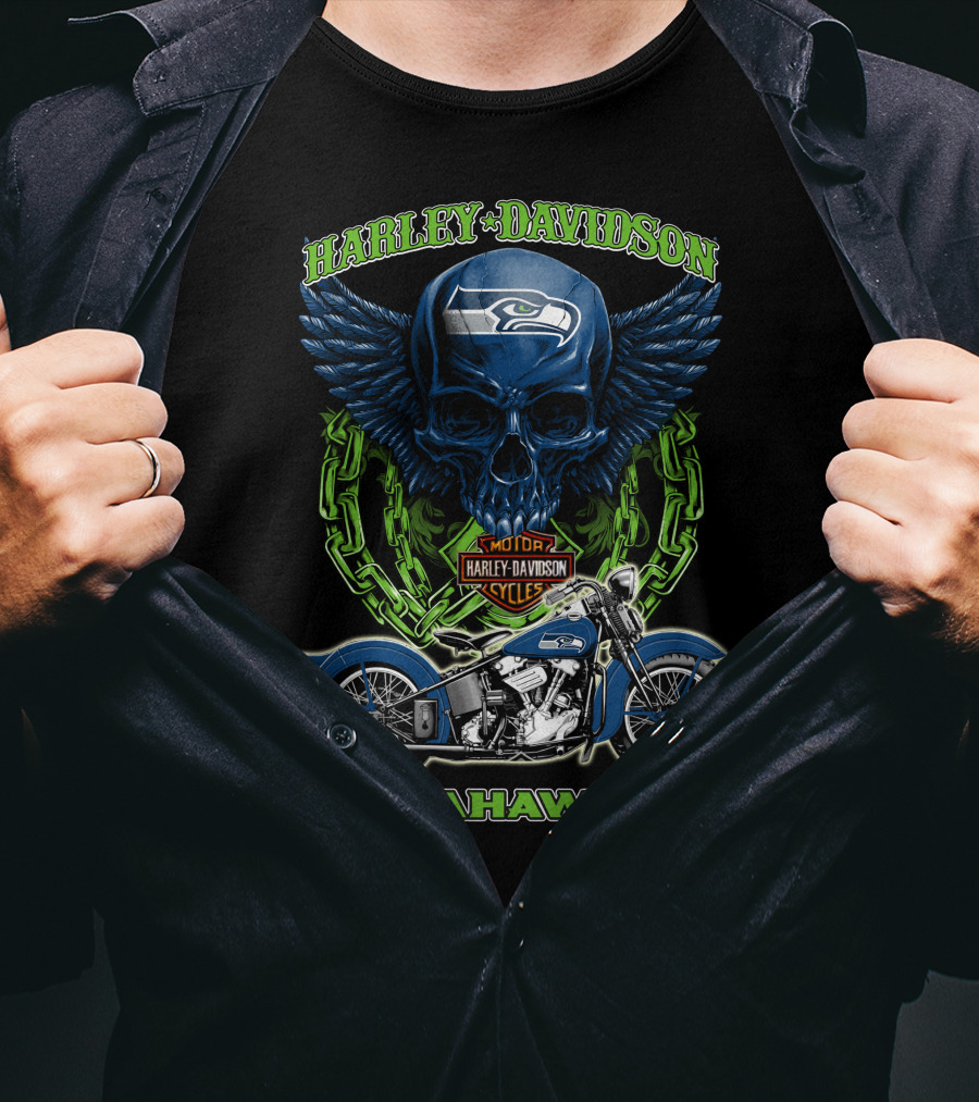 Harley Davidson Motorcycles Skull With Seattle Seahawks Logo And Bike Nfl Hd18 T-Shirt